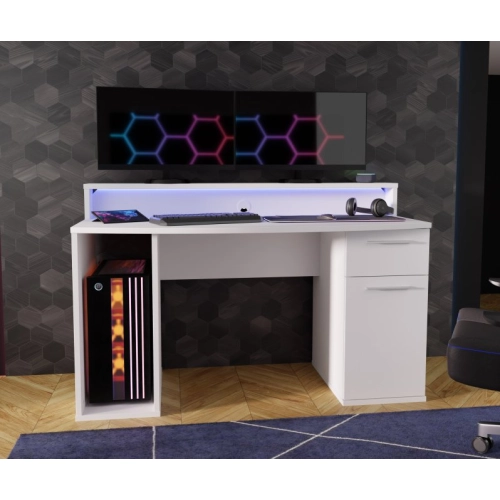 Białe biurko 140x65 cm z oświetleniem RGB i nadstawką na monitor